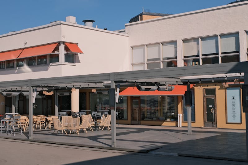 Sunny outdoor patio seating area